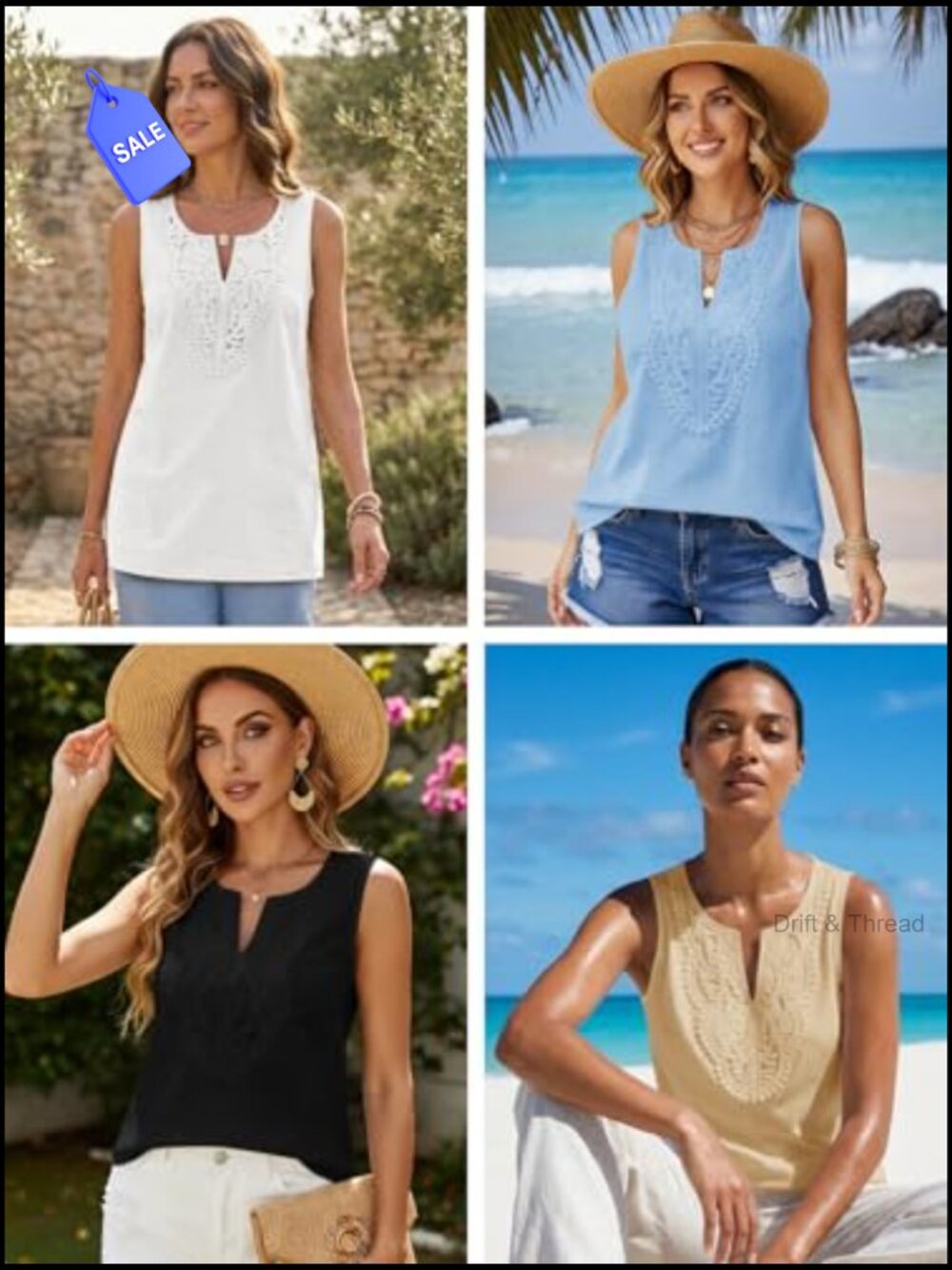 Women's V Neck Cotton Lace Tank Top Relaxed Fit Boho Summer Blouse - Picture 6 of 7